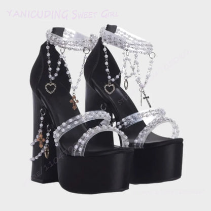 Taro Purple Suede Crystal Tassel Sandals Girls Cute Platform Open Heels Pink Round Toe Chunky Pearl String Ankle Lolita Shoes