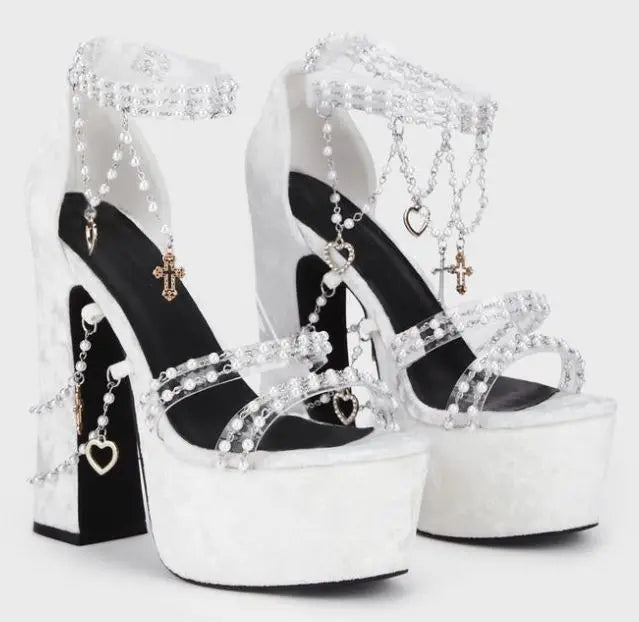 Women's Pink Velvet Platform High Heel Ankle Strap Sandals Sweet Punk Pearl Chain Heart Cross Thick Heel Party Dress Shoes