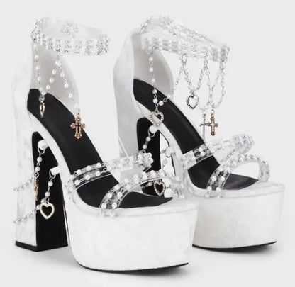 Women's Pink Velvet Platform High Heel Ankle Strap Sandals Sweet Punk Pearl Chain Heart Cross Thick Heel Party Dress Shoes