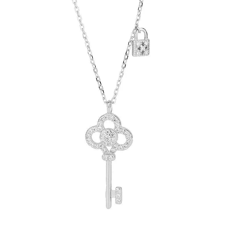 Golden Snowflake Key Pendant Necklace Female Hollow Clover Diamond Set Chain Sweater Chain