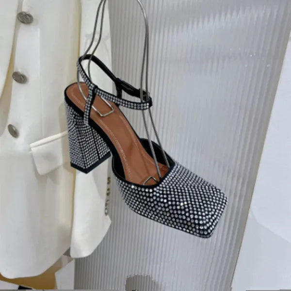 Luxury Brand Women High Heesl Sandals Sexy Thick Heel Platform Shoes Square Toe Rhinestone Woman's Pumps Party Wedding Shoes new