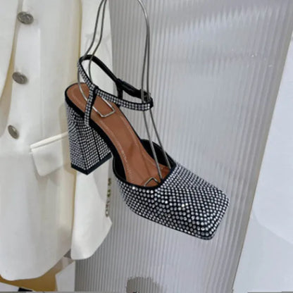 Luxury Brand Women High Heesl Sandals Sexy Thick Heel Platform Shoes Square Toe Rhinestone Woman's Pumps Party Wedding Shoes new