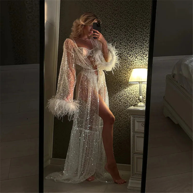 Sexy Women Summer Sheer Nightgown Long Dress Long Sleeve Plush Cuff  See Through Sequins Party Nightdress