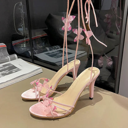 Cross Ankle Strap Women Sandals 2025 Summer Pink Heels Fashion Open Toe Butterfly Floral Shoes Elegant Stripper Party Sandalias