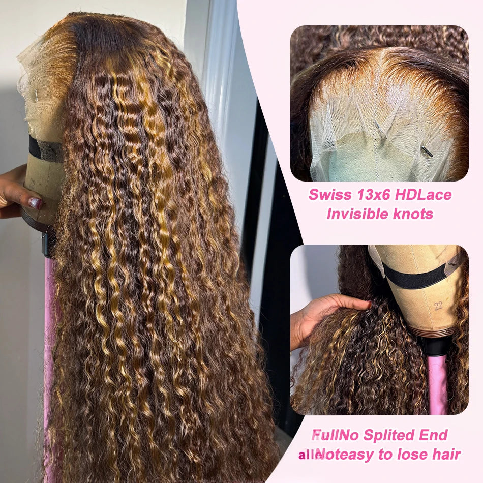 30 32 Inch 13x4 13x6 HD Highlight Ombre Curly Lace Frontal Human Hair Wigs Honey Blonde Colored Deep Wave Frontal Wigs For Women