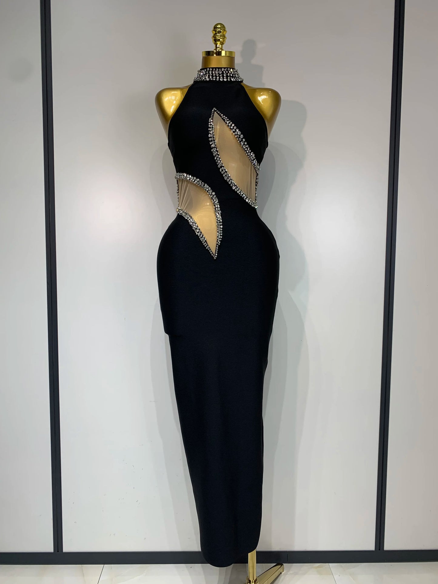 Women Sexy Rhinestone Black Sleeveless Mesh Patchwork New Arrival Stretch Bodycon Bandage Party Dresses Elegant Birthday Dress