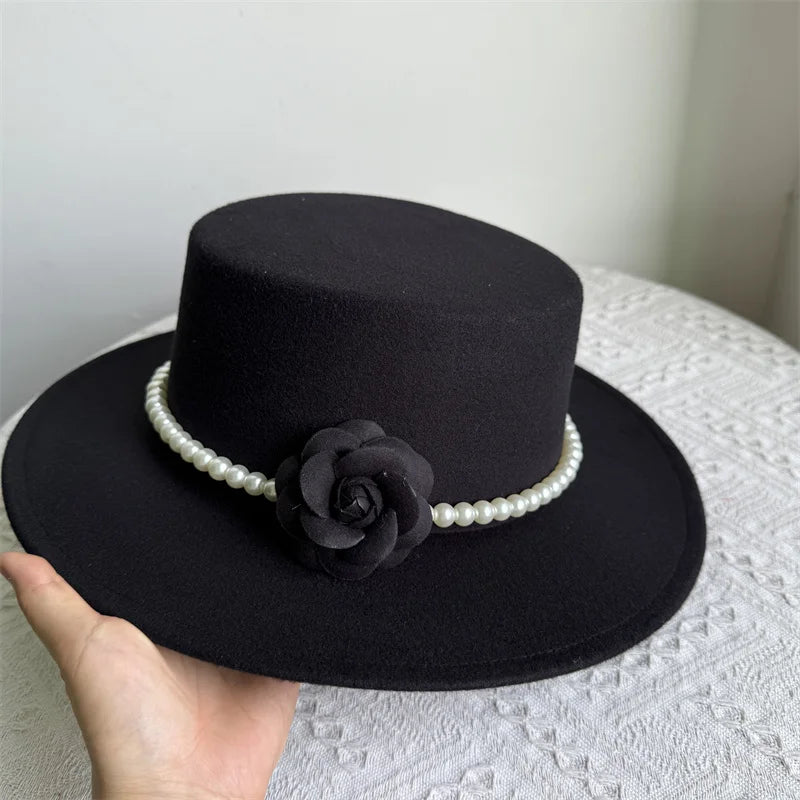 French Black Big Brim Top Hat Women Elegant Retro Style Flat-top Fedora Hat British Pearl Floral Wide Brim Hat Photography