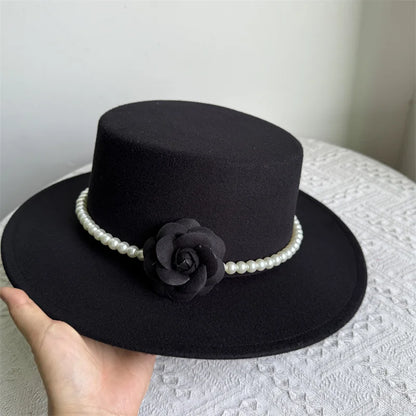 French Black Big Brim Top Hat Women Elegant Retro Style Flat-top Fedora Hat British Pearl Floral Wide Brim Hat Photography