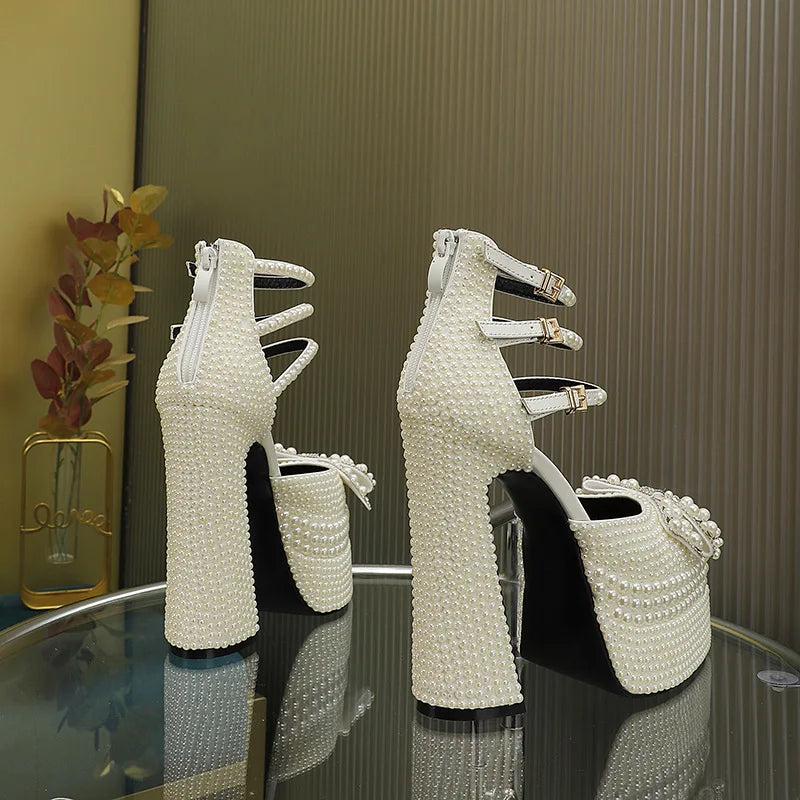 Luxury Handmade Full Pearls Rhinestones Bowknot Women Pumps Fashion Ankle Strap Platform Wedges High heels Banquet Wedding Shoes.