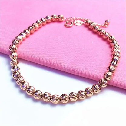 585 Purple Gold Plated 14K Rose Gold Ball Beads String Bracelets for Women Simple Sparkling Classic Wedding Jewelry Gift