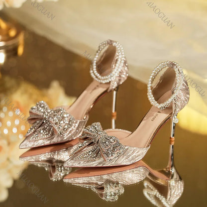 Spring Summer Fashion Pointed Toe Sandals Women's Rhinestone Pearl Butterfly Gold Silver High Heels Party Wedding Heeled Shoes