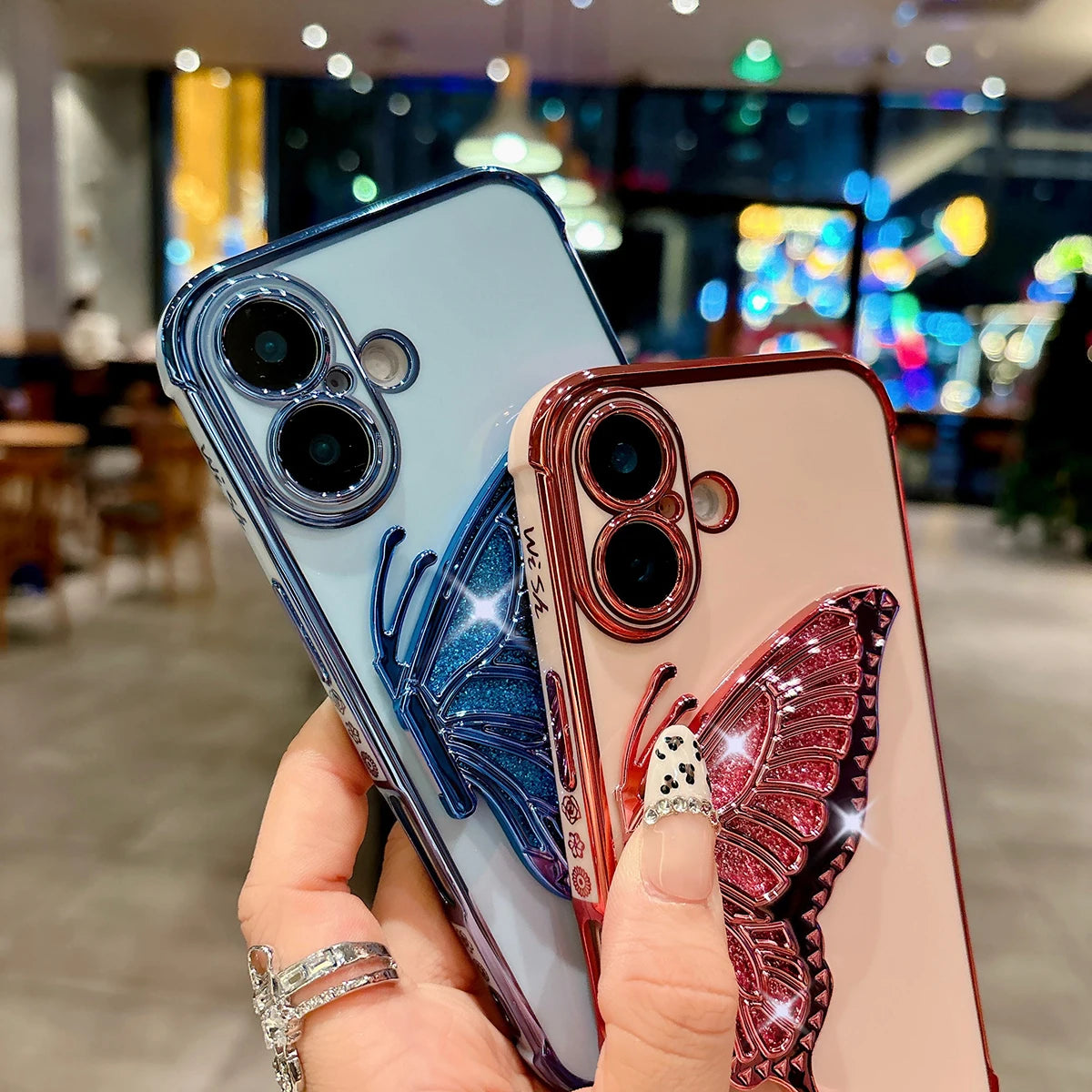 Glitter Butterfly Holder Phone Case for IPhone 7 8 16 15 14 Plus Pro MAx 12 13 Mini Side Pattern Drop Resistant PC Plating Case