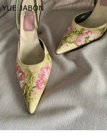 Flowers Embroidered Stiletto Heel Sandals Women Elegant High Heels Slingback Sandals China Embroider Pointed Toe Pumps Women