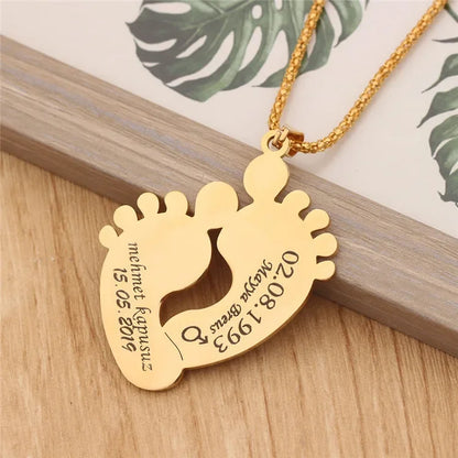 Custom Engraved Stainless Steel Baby Feet Name & Birthday Pendant Necklace Personalization Included Text Woman Jewelry.
