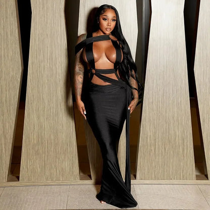 DS164 Style Hollow out Belted Wrap Dress Spring Summer Women's Cross-Border Fashion round Ring Design Ankle-Length Gown