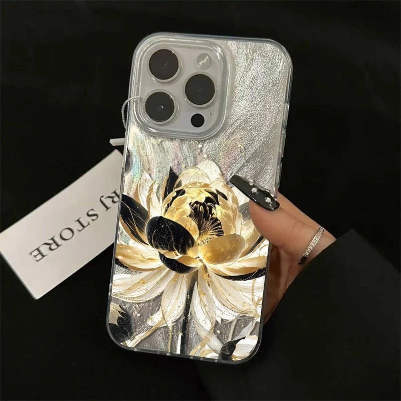 Beautiful Flowers Phone Case For iPhone 16 Pro Max 15 14 13 12 11 Pro XR XS 7 8 Plus Shockproof Feather Chiffon Texture Cover﻿