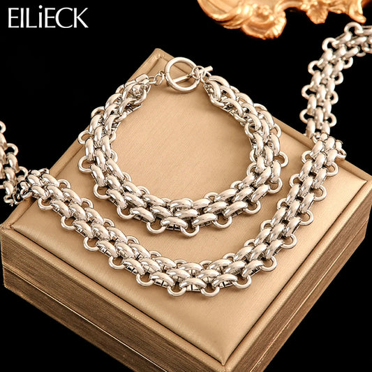 EILIECK 316L Stainless Steel Silver Color Cuban Chain Statement Necklace Bracelet Set Charm Fashion Women Waterproof Jewelry Set