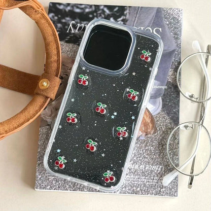 Cute Epoxy Cherry Glitter Clear Phone Case For iPhone 16 15 14 13 12 11 Pro Max Plus Luxury Sequins Bling Back Cover Women Girl