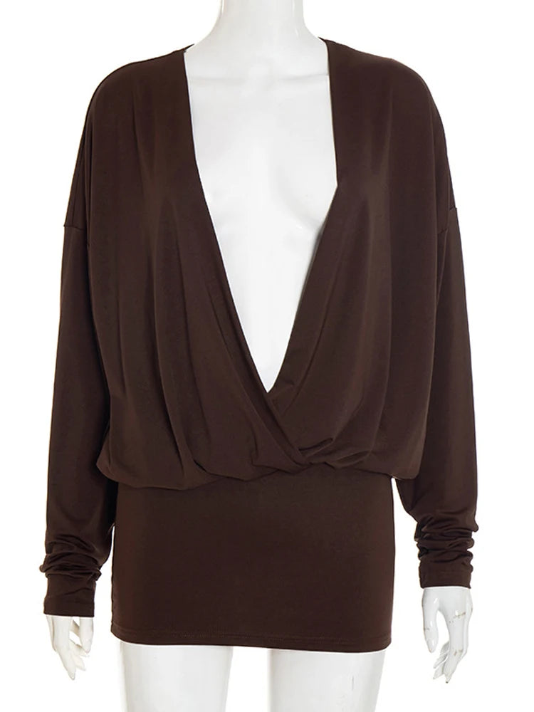 Beyprern Casual Womens Long Sleeve Draped Front Slim Short Dress Vacation Outfits Chic Ruched Night Out Vestidos Clubwear Robes