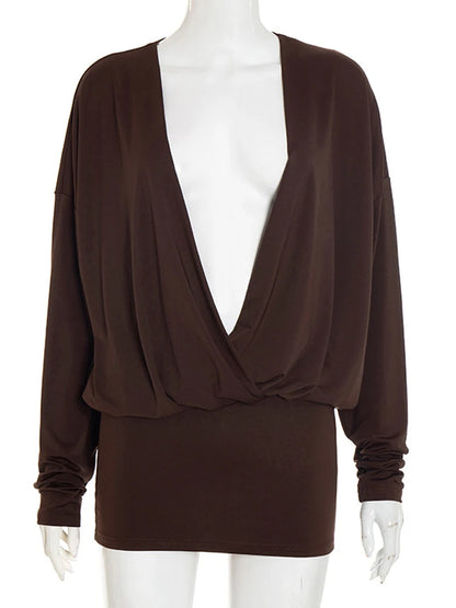 Beyprern Casual Womens Long Sleeve Draped Front Slim Short Dress Vacation Outfits Chic Ruched Night Out Vestidos Clubwear Robes