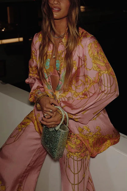 Swimsuit Cover Up Beach Women Dress Summer 2025 Kaftan Saida De Praia New Leisure Vacation Long Sleeved Pink Printed Shirt Pants