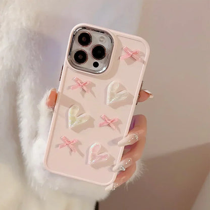 3D Pink Love Heart Bow Phone Case for IPhone17 16 15 14 12 13 11 Pro ProMax Mini Plus X XR Shockproof Phone Cover