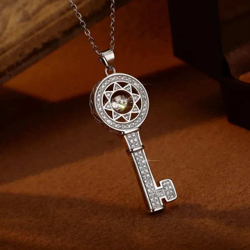 Golden Snowflake Key Pendant Necklace Female Hollow Clover Diamond Set Chain Sweater Chain