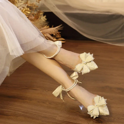 Women's New Wedding Pointed Toe Shallow Mouth Beaded Pearl Non-slip Sandals One Word Buckle Bow Baotou High Heels