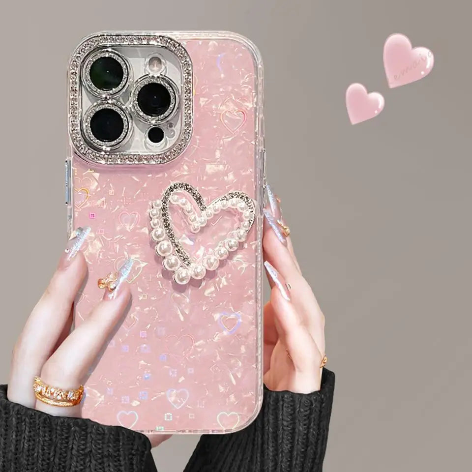 Bling Glitter Heart 3D Phone Case for iPhone 13 15 16 12 14 11 Pro Max Plus 16Pro Max Case Diamond Chain Pearl Protector Cover