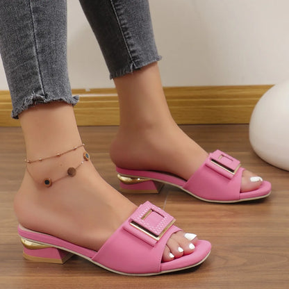 Fashion Women High Heel Slippers Summer Slip on Elegant Low Heel Shoes for Wedding Party Comfortable Non-slip Women's Slippers