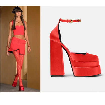 2022 Brand Women's Sandals 14.5CM Silk Thick Heels High Platform Rhinestone Small Big Size 32 43