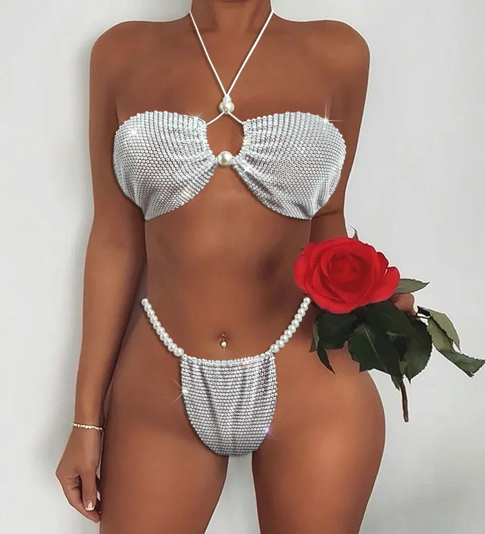 Sparkling Rhinestone Triangle Bikini Set Sexy Pearl Diamond Mesh Swimsuit Hollow Out Halter Bandage Women Swimwear Bathing Suit