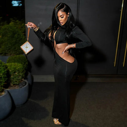 DSMTRC Hollow Out Womens Irregular Waistless Backless Sexy Coquette Dresses Full Sleeve Stretch Skinny Clubwear Hipster Vestidos