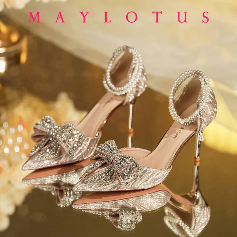 2025 Summer Fashion Pointed Toe Sandals Women's Rhinestone Pearl Butterfly Gold Silver High Heels Party Wedding Plus Size Shoes