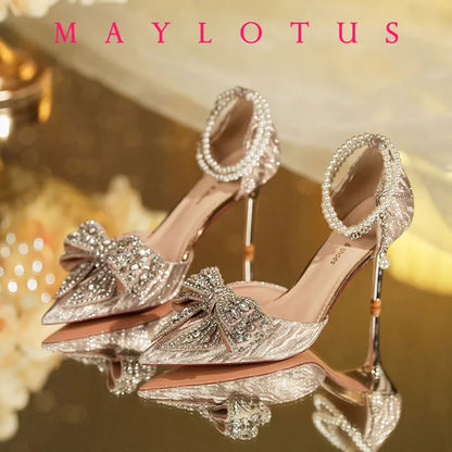 2025 Summer Fashion Pointed Toe Sandals Women's Rhinestone Pearl Butterfly Gold Silver High Heels Party Wedding Plus Size Shoes