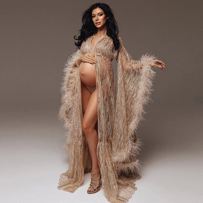 Sparkle Sequins Lace Maternity Dresses Photoshoot платье для беременных Feathers Maternity Robe Cape Pregnancy Dress Shoot Props