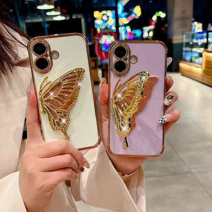 Glitter Butterfly Holder Phone Case for IPhone 7 8 16 15 14 Plus Pro MAx 12 13 Mini Side Pattern Drop Resistant PC Plating Case