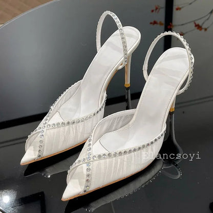 Summer Pointed Toe High Heels Sandals Women Shiny Rhinestone Mesh Back Strap Stiletto Sandalias Sexy Party Banquet Shoes