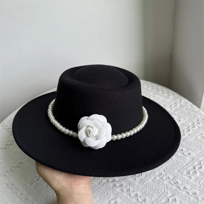 French Black Big Brim Top Hat Women Elegant Retro Style Flat-top Fedora Hat British Pearl Floral Wide Brim Hat Photography