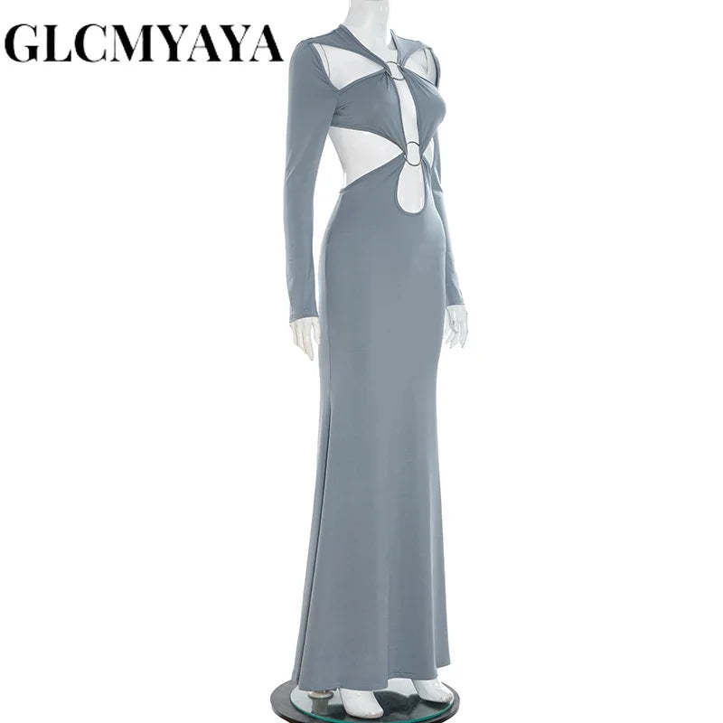 GLCMYAYA Women Cutout Roll Splicing Long Sleeve Bodycon Midi Maxi Long Dress 2025 Fall Vacation Party Birthday Dresses Vestidos