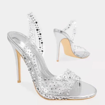 Rhinestone High Heel Open Toe Sandals Women's Cross Pointed Toe Back Trip Strap Crystal Fish Mouth Fashion Shoes Plus Size