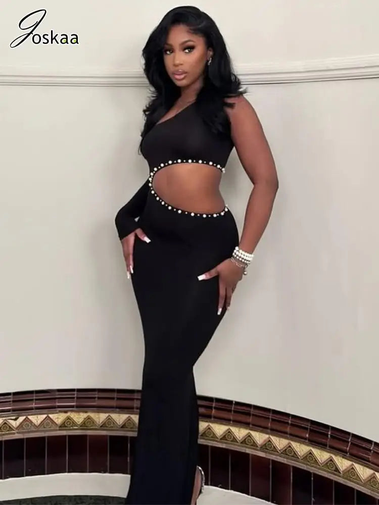 Joskaa Elegant Rhinestone Hollow Maxi Birthday Dress Woman Sexy O-Neck Single Sleeve Skinny Vestidos 2025 Evening Party Clubwear