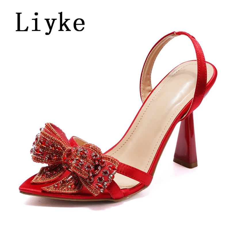 Liyke Sexy Slingback Sandals Women Summer Fashion Rhinestone Bowknot Designer High Heels Wedding Party Prom Shoes Zapatos Mujer