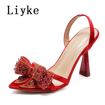 Liyke Sexy Slingback Sandals Women Summer Fashion Rhinestone Bowknot Designer High Heels Wedding Party Prom Shoes Zapatos Mujer