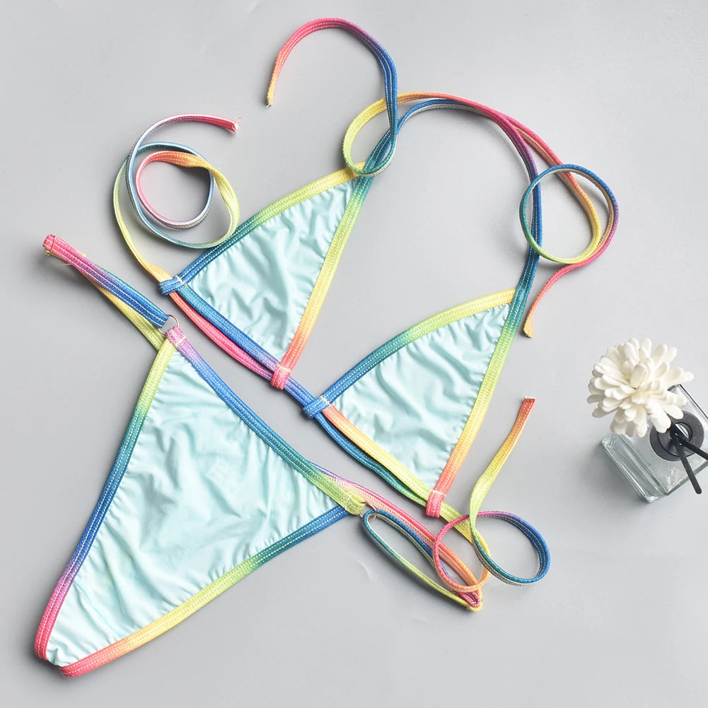Women Bikini Sexy Three Point MultiColor Thin Straps Lace Up See Through Bikini Top + Panties Brazilian Biquinis