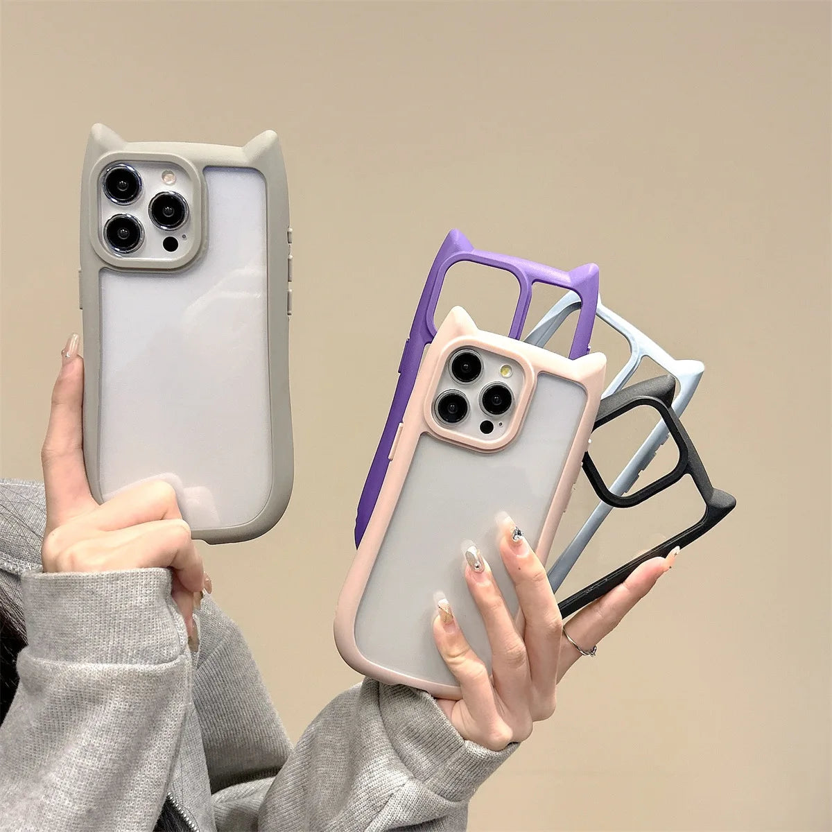 Cute 3D Cat Ear Kawaii Transparent Case For iPhone 15 14 13 12 Pro 11 Max Candy Color Shockproof Acrylic Clear Hard Cover