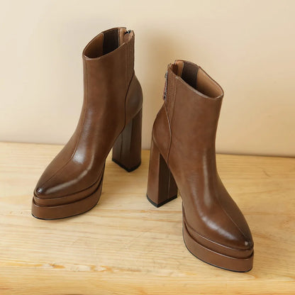 MILI-MIYA Fashion Pointed Toe Women Full Genuine Leather Ankle Boots Solid Color Thick Heels Zippers Dress Party Shoes For Lady.