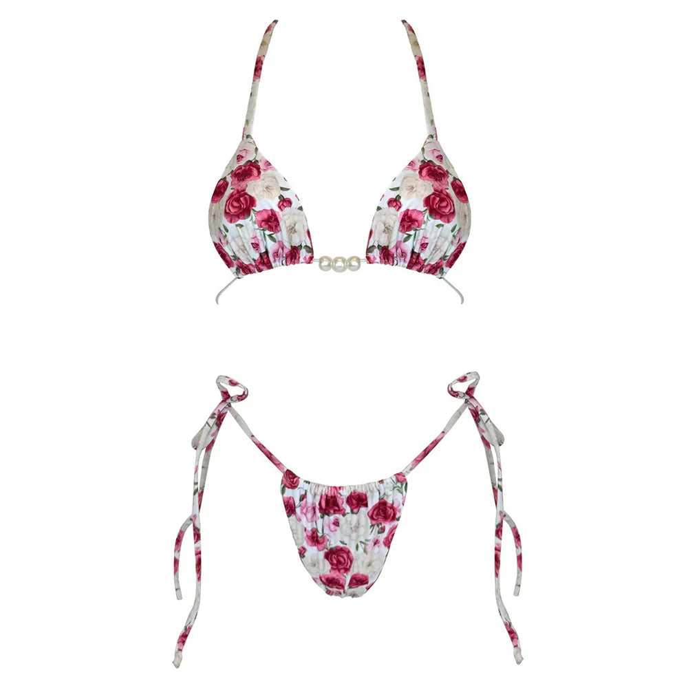 Micro Bikini 2025 Swimwear Women Swimsuit Sexy luxury Brazilian Bikini Set Halter Print Biquini Push Up Pearl Beachwear Female