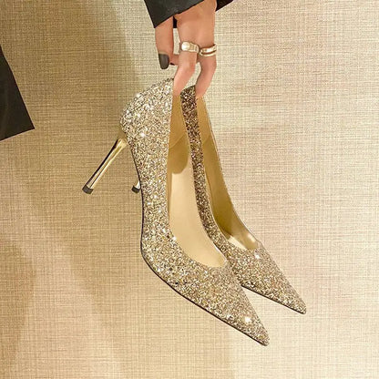 2022 Fashion Spring New Autumn Woman 9CM/7CM High Heels Silver Wedding Shoes Stiletto Pointed Toe Slip-on PU Bling Luxury Ladies
