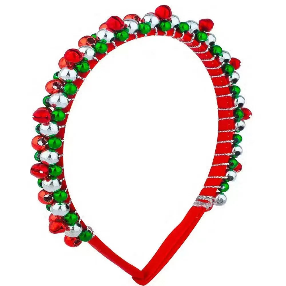 Festive Christmas Headband with Red & Green Beads,Golden Accents & Bell Charms -Wrapped Party Accessory for Holiday Celebrations